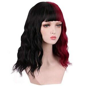 Half Black half Red Curly Wig with Bangs
